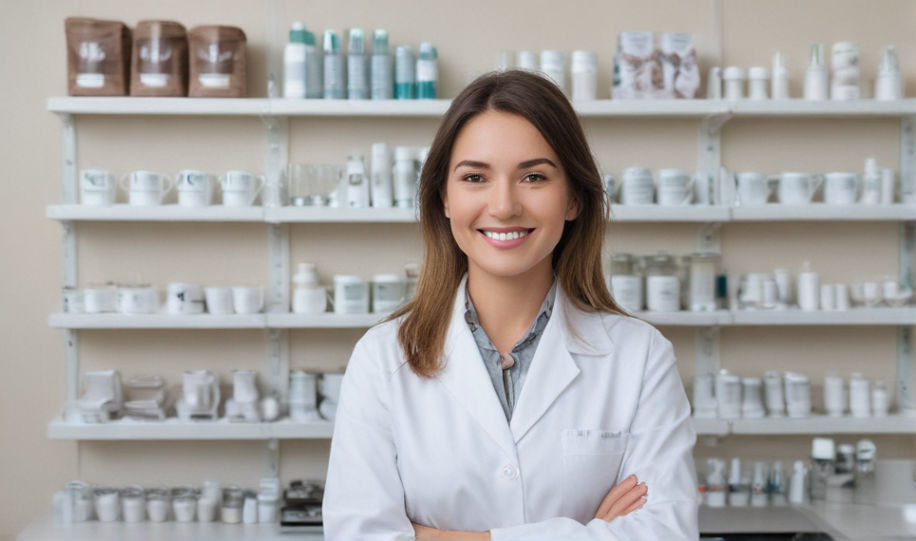 A female dentist smiles, holding coffee.