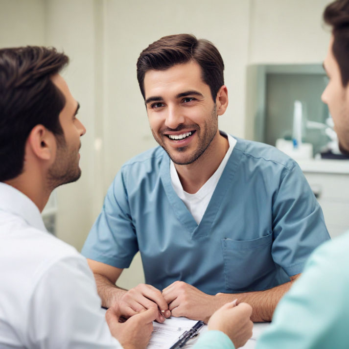 A dentist and a male patient having a serious conversation in a clinic about health concerns.