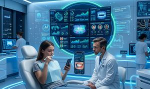 Modern dental clinic with AI-powered dental imaging screen, patient using a smart toothbrush connected to a smartphone app, clean white and blue clinical setting, high-resolution realistic medical photography.