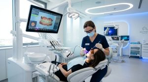Futuristic dental clinic with advanced equipment, dentist using digital screen and laser tools on patient