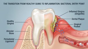 Close-up of healthy gums transitioning into inflamed gums with visualized bacteria entering bloodstream