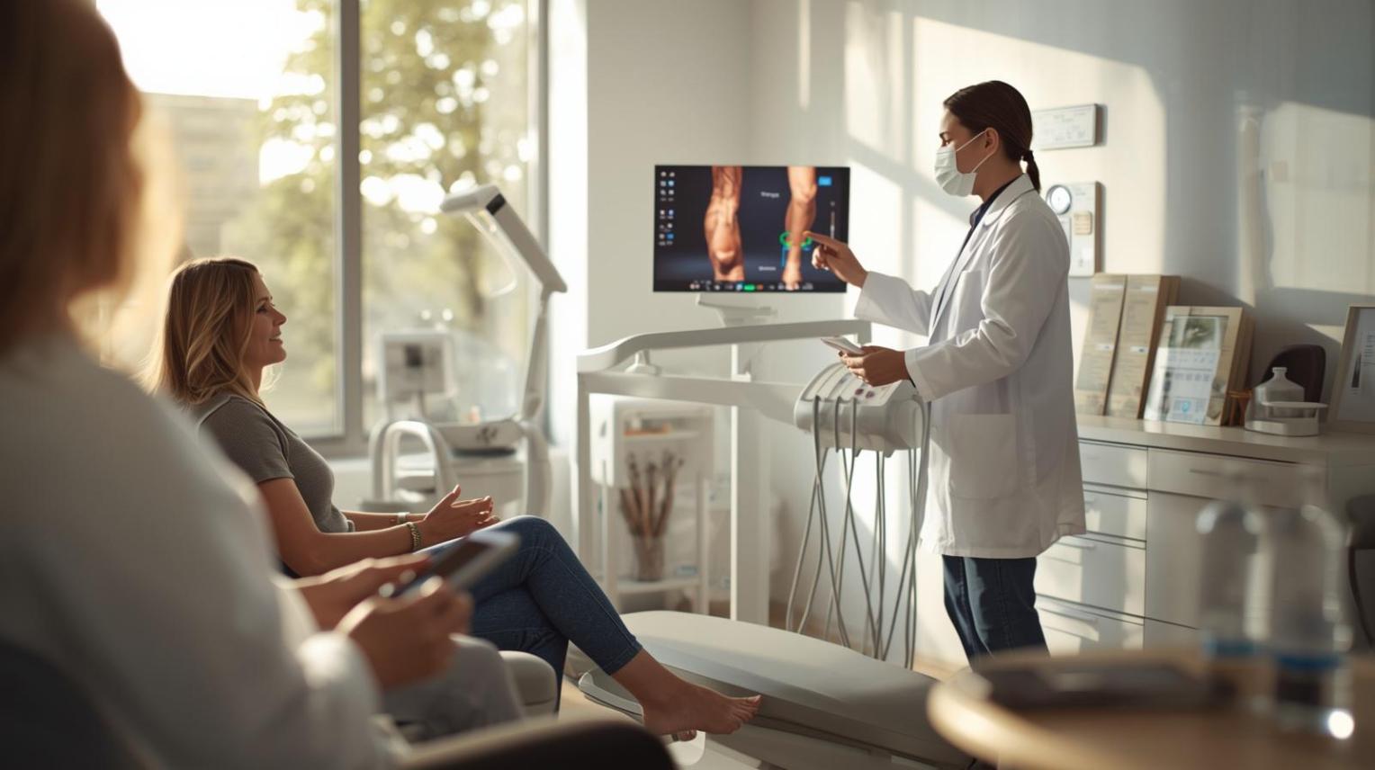 Patient discusses circulation wellness while receiving preventive dental guidance inside modern bright clinic.