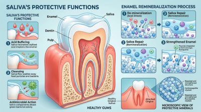 Highly detailed dental health illustration showing saliva protecting teeth, enamel remineralization process, healthy gums, microscopic view of protective minerals